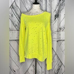 MICHAEL LAUREN neon yellow off the shoulder distressed top w/thumbholes S